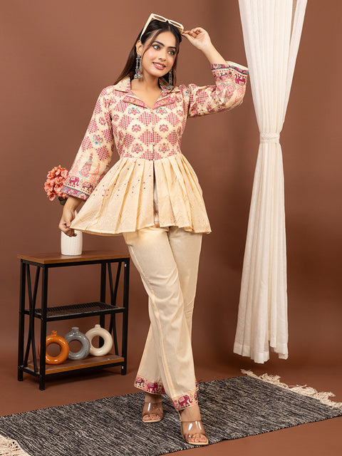 Elegant Cream Cotton Silk Jacquard Peplum Set by Kidar