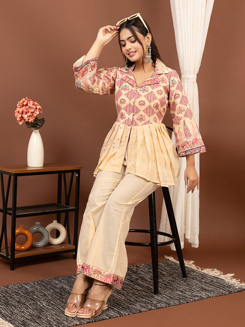 Elegant Cream Cotton Silk Jacquard Peplum Set by Kidar