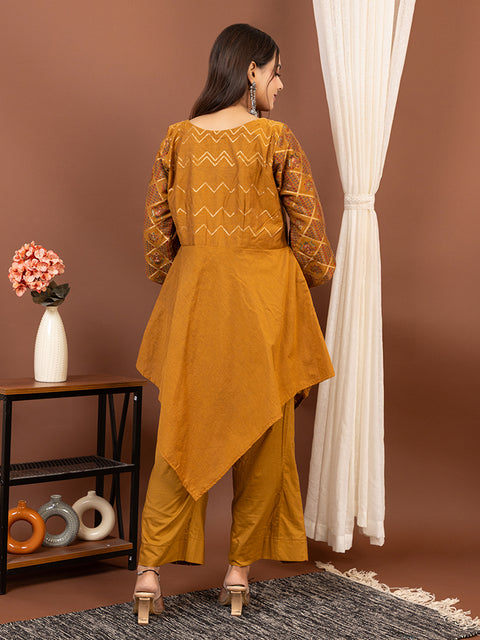 Ethnic Co-Ord Set with Asymmetrical Kurti – Mustard Yellow