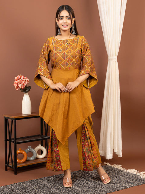 Ethnic Co-Ord Set with Asymmetrical Kurti – Mustard Yellow