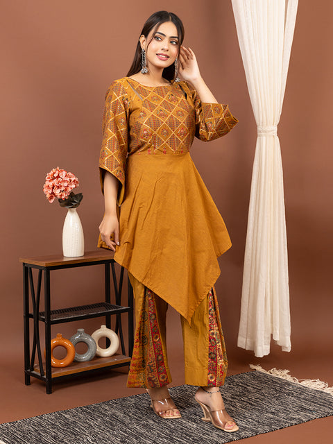 Ethnic Co-Ord Set with Asymmetrical Kurti – Mustard Yellow