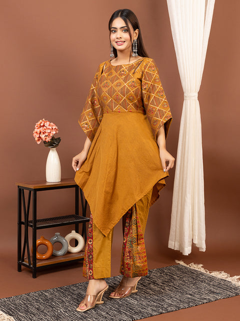 Ethnic Co-Ord Set with Asymmetrical Kurti – Mustard Yellow