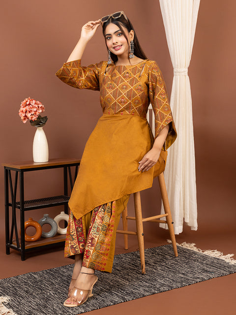 Ethnic Co-Ord Set with Asymmetrical Kurti – Mustard Yellow