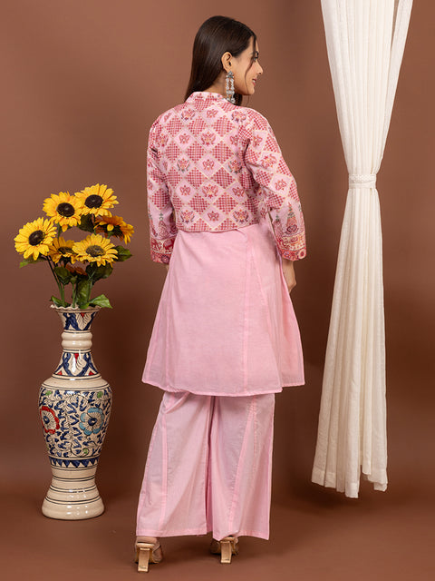 Pink Anarkali style Top Co-Ord Set with Stylish Cropped Jacket and Wide-Leg Palazzo Pants