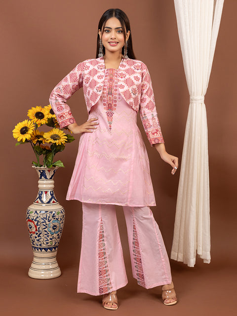 Pink Anarkali style Top Co-Ord Set with Stylish Cropped Jacket and Wide-Leg Palazzo Pants