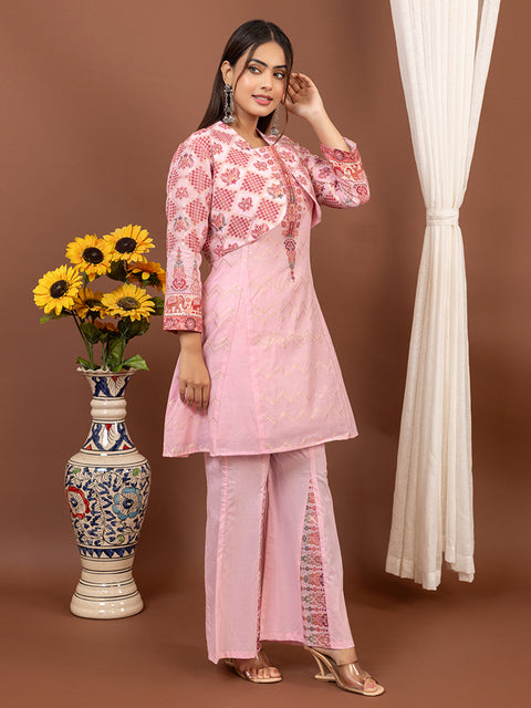 Pink Anarkali style Top Co-Ord Set with Stylish Cropped Jacket and Wide-Leg Palazzo Pants