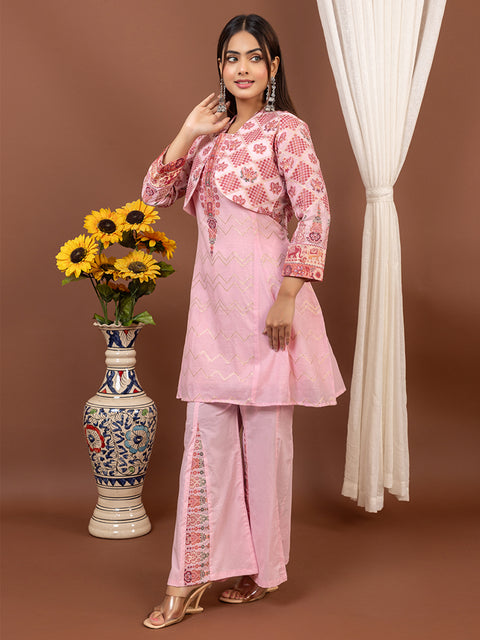 Pink Anarkali style Top Co-Ord Set with Stylish Cropped Jacket and Wide-Leg Palazzo Pants
