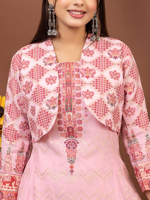 Pink Anarkali style Top Co-Ord Set with Stylish Cropped Jacket and Wide-Leg Palazzo Pants