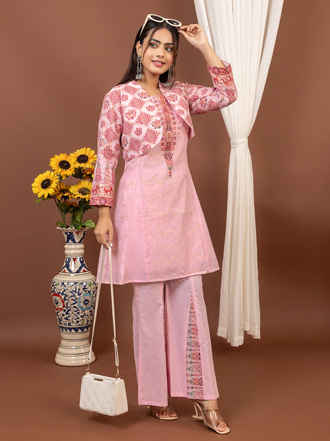 Pink Anarkali style Top Co-Ord Set with Stylish Cropped Jacket and Wide-Leg Palazzo Pants