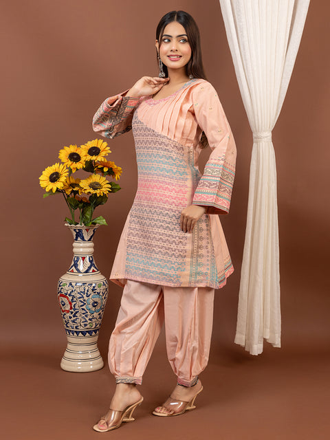 Designer Peach Kurta with Loose Fit Salwar – Stylish Ethnic Co-Ord Set