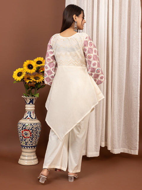 Ethnic Co-Ord Set with Asymmetrical Kurti – Off White & Pink