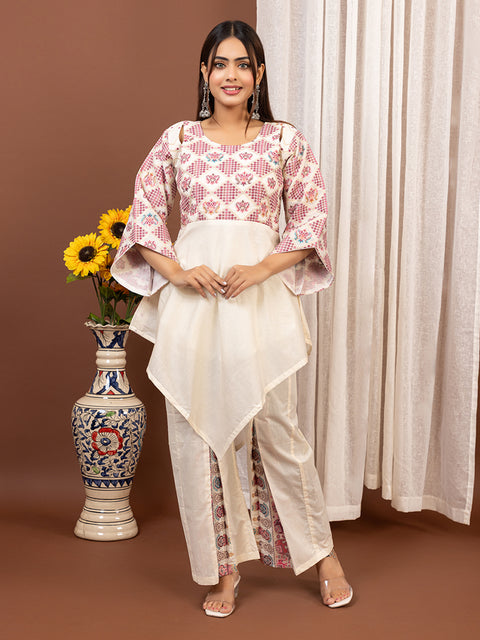 Ethnic Co-Ord Set with Asymmetrical Kurti – Off White & Pink