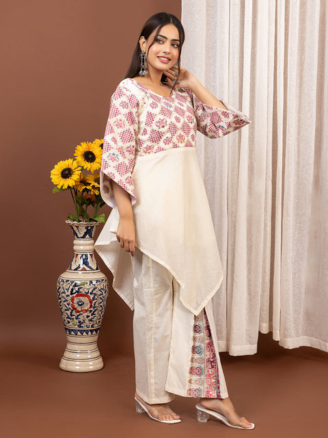 Ethnic Co-Ord Set with Asymmetrical Kurti – Off White & Pink