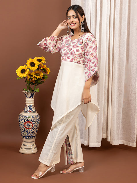 Ethnic Co-Ord Set with Asymmetrical Kurti – Off White & Pink