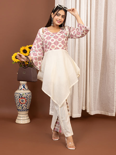 Ethnic Co-Ord Set with Asymmetrical Kurti – Off White & Pink