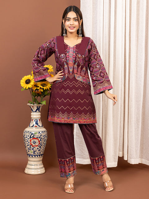 Light Wine weave Co-Ord Sets with Statement Collar & short jacket