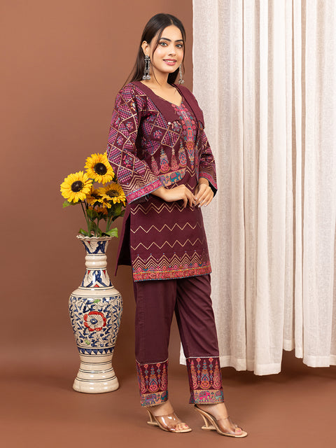 Light Wine weave Co-Ord Sets with Statement Collar & short jacket