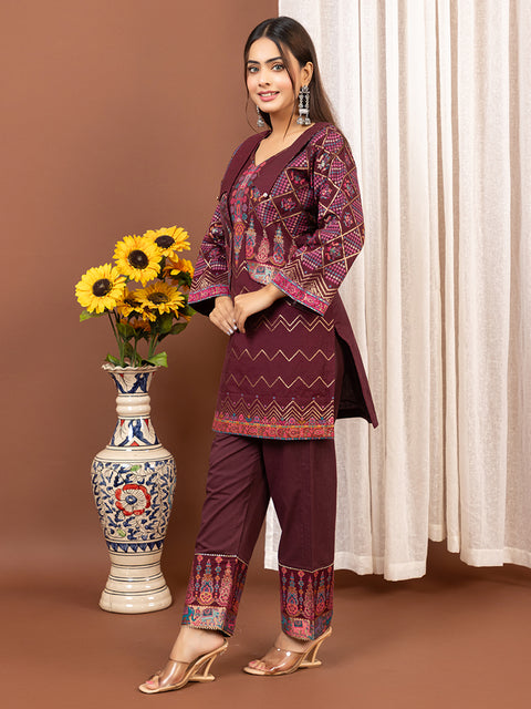 Light Wine weave Co-Ord Sets with Statement Collar & short jacket