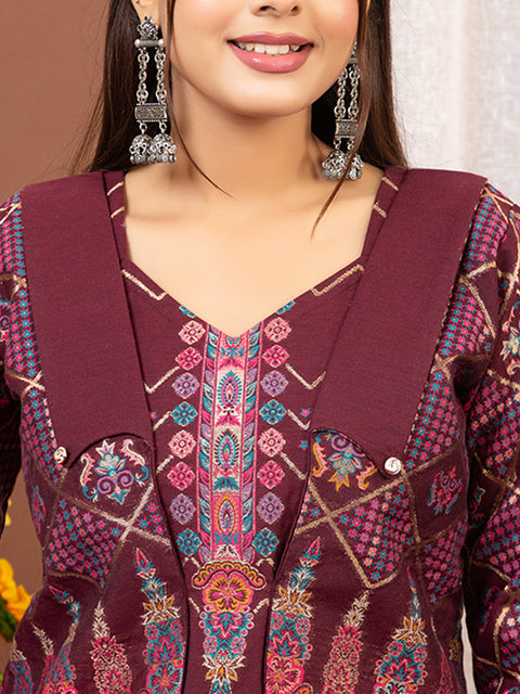 Light Wine weave Co-Ord Sets with Statement Collar & short jacket