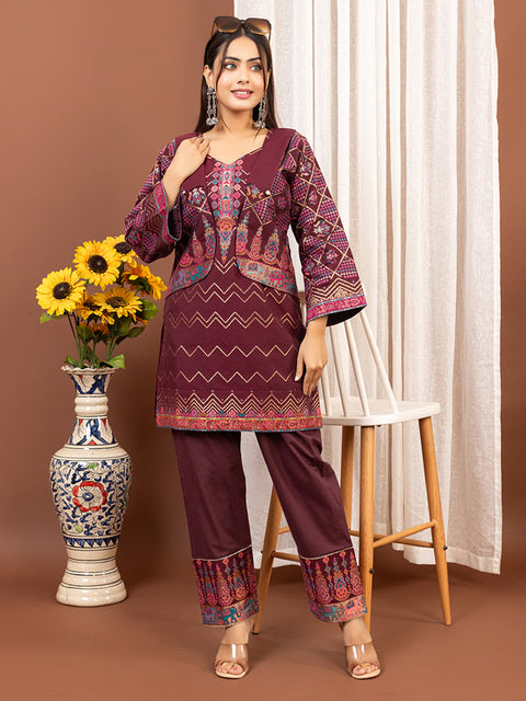 Light Wine weave Co-Ord Sets with Statement Collar & short jacket