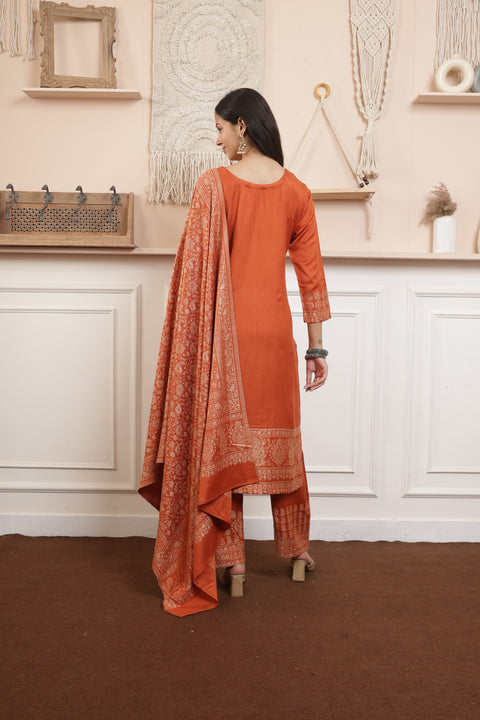 Elegant Rust Woolen Kurta Set with Intricately Woven Shawl