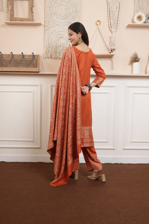 Elegant Rust Woolen Kurta Set with Intricately Woven Shawl