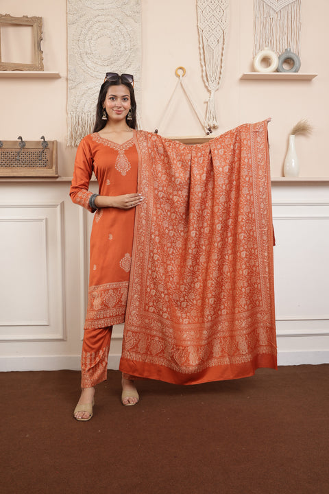 Elegant Rust Woolen Kurta Set with Intricately Woven Shawl