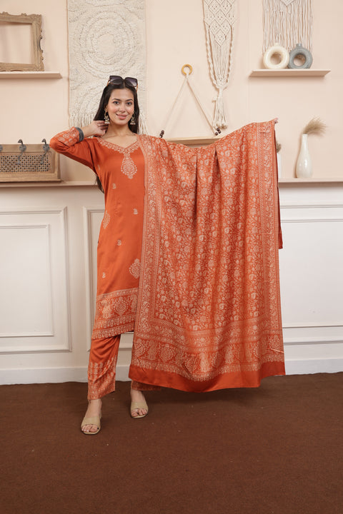 Elegant Rust Woolen Kurta Set with Intricately Woven Shawl