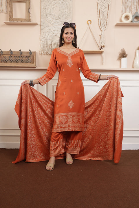 Elegant Rust Woolen Kurta Set with Intricately Woven Shawl