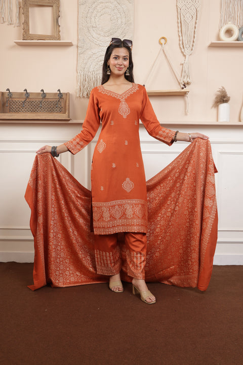 Elegant Rust Woolen Kurta Set with Intricately Woven Shawl