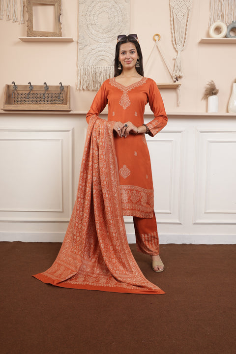 Elegant Rust Woolen Kurta Set with Intricately Woven Shawl