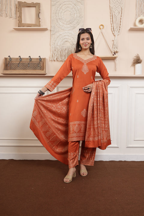Elegant Rust Woolen Kurta Set with Intricately Woven Shawl