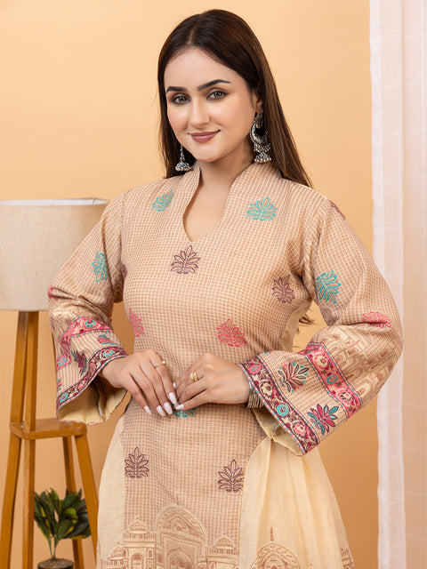 Mughal Architecture Weave Beige Co-Ord Set with Notched Neckline