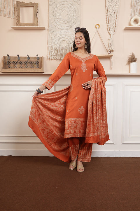 Elegant Rust Woolen Kurta Set with Intricately Woven Shawl