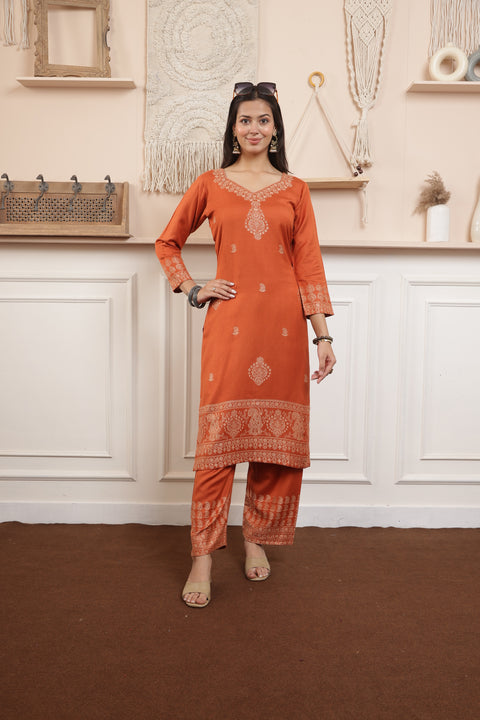 Elegant Rust Woolen Kurta Set with Intricately Woven Shawl