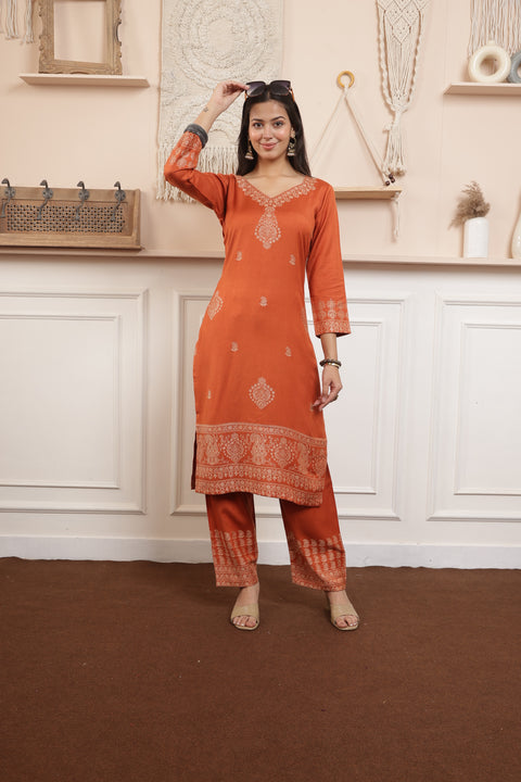 Elegant Rust Woolen Kurta Set with Intricately Woven Shawl