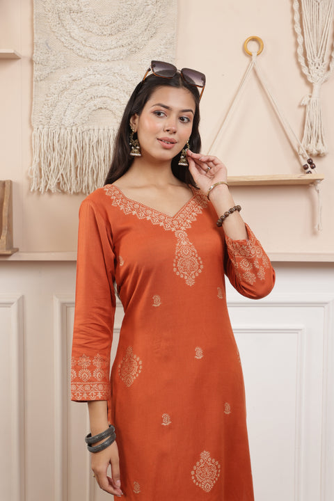 Elegant Rust Woolen Kurta Set with Intricately Woven Shawl
