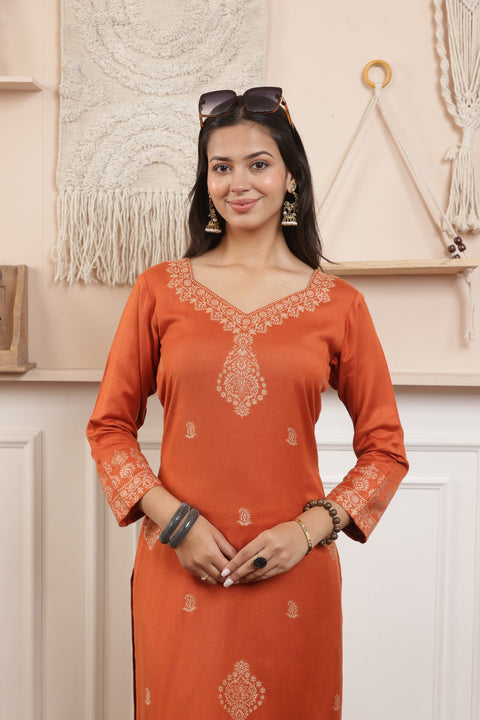 Elegant Rust Woolen Kurta Set with Intricately Woven Shawl