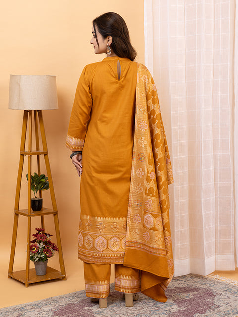 "Intricate Weave Machine Designs: Mustard Kurta Set for Festive Occasions"