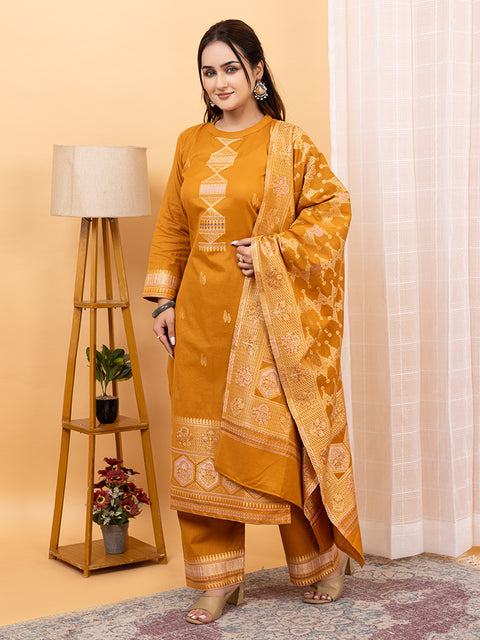 "Intricate Weave Machine Designs: Mustard Kurta Set for Festive Occasions"