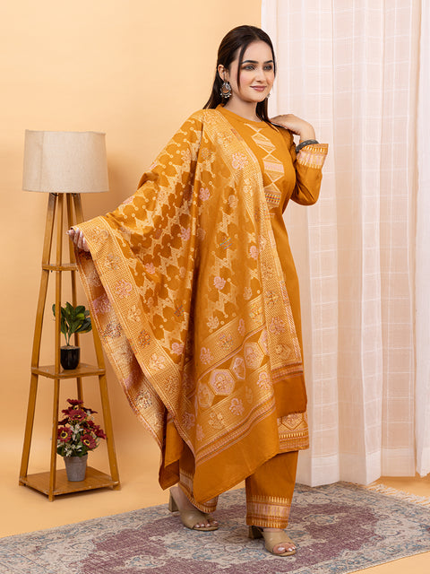 "Intricate Weave Machine Designs: Mustard Kurta Set for Festive Occasions"