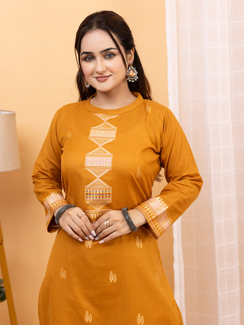 "Intricate Weave Machine Designs: Mustard Kurta Set for Festive Occasions"