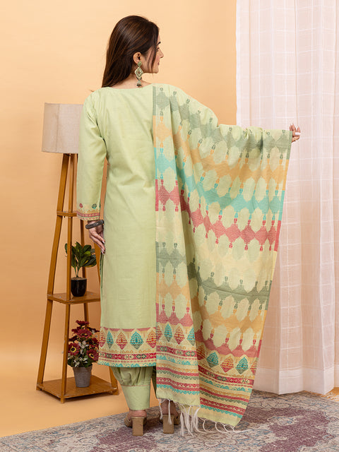 Kidar Ethnic Weave & Embordered Straight Kurta with Pant & Dupatta - Pista