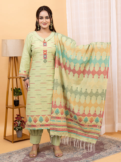 Kidar Ethnic Weave & Embordered Straight Kurta with Pant & Dupatta - Pista