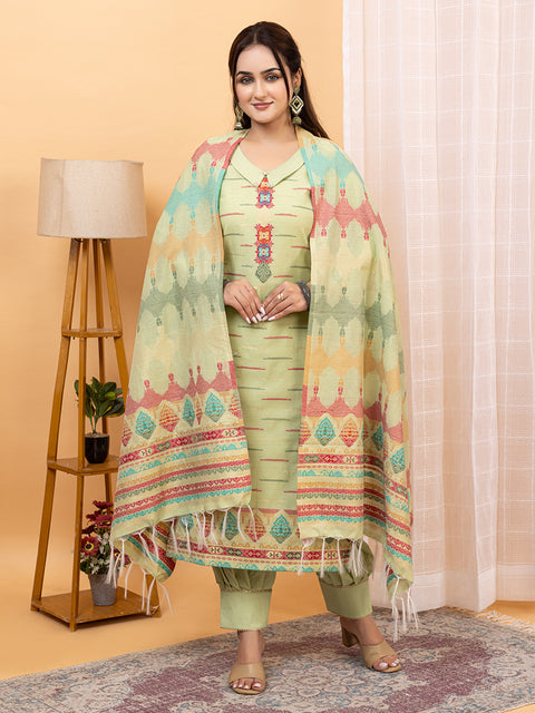 Kidar Ethnic Weave & Embordered Straight Kurta with Pant & Dupatta - Pista