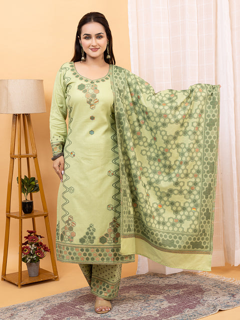 Kidar U-Shape Neck Pant Suit with Weave design Dupatta - Pista