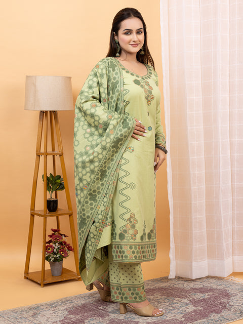 Kidar U-Shape Neck Pant Suit with Weave design Dupatta - Pista