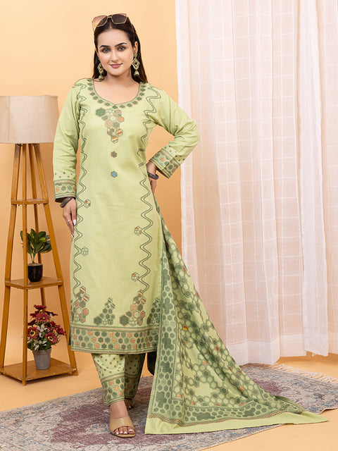 Kidar U-Shape Neck Pant Suit with Weave design Dupatta - Pista