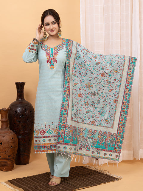 Kidar Ethnic Weave & Embordered Straight Kurta with Pant & Dupatta - Sky-Blue