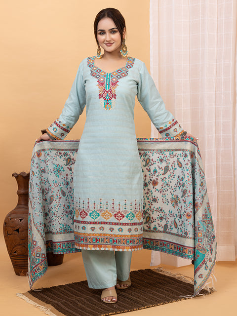 Kidar Ethnic Weave & Embordered Straight Kurta with Pant & Dupatta - Sky-Blue